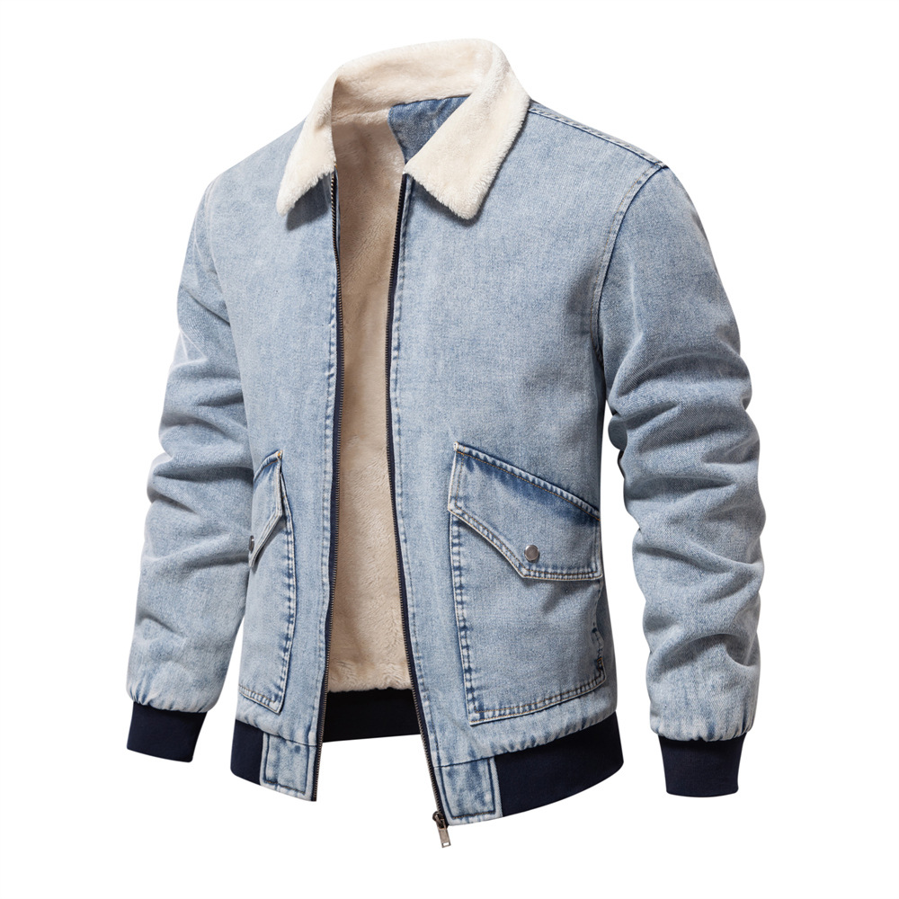 2024 autumn and winter new men's fleece-lined Denim coat jacket European size cross-border casual quality washed Denim coat