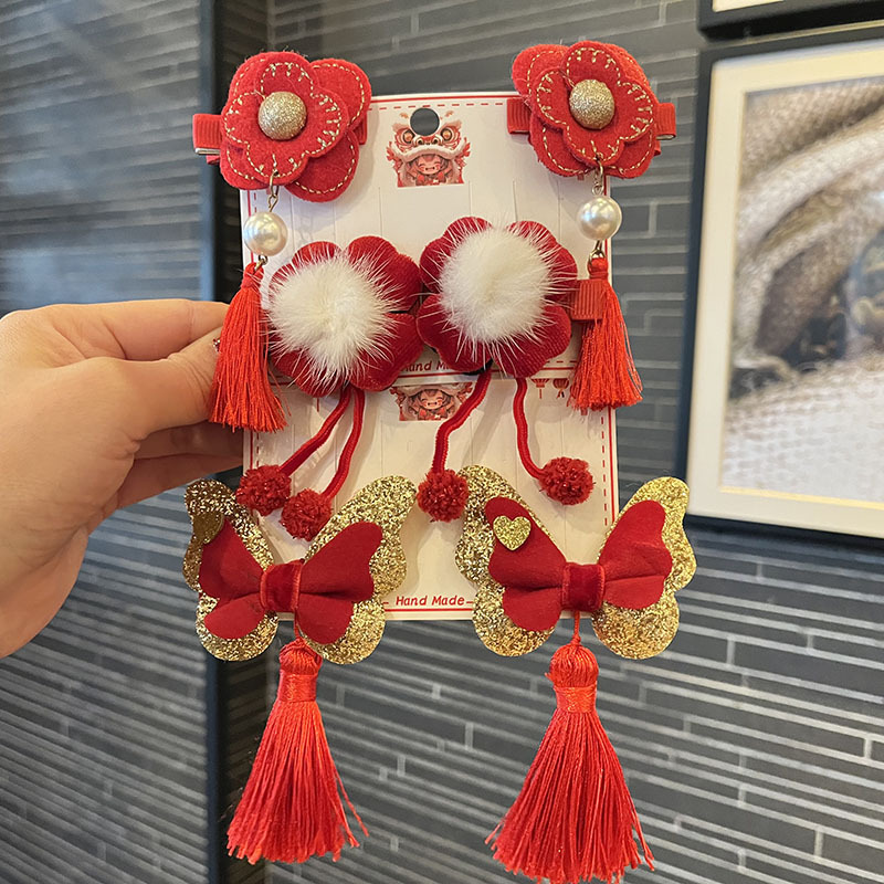 Chinese Style New year children's hair accessories red hairpin girl's headdress flower Hanfu baby dance performance head accessories wholesale
