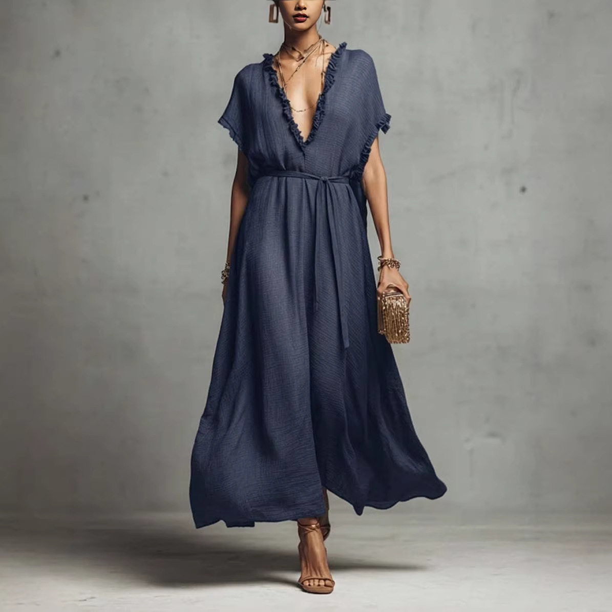 2026 Amazon Cross-Border Independent Site Foreign Trade European and American Loose V-Neck Casual Fashion Commuter Women's Dress