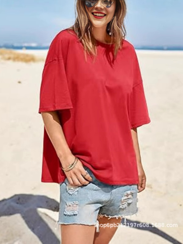 2025 Summer New Women's Oversized T-shirt Casual Short Sleeve Round Neck T-shirt Loose Side Split T-shirt Top