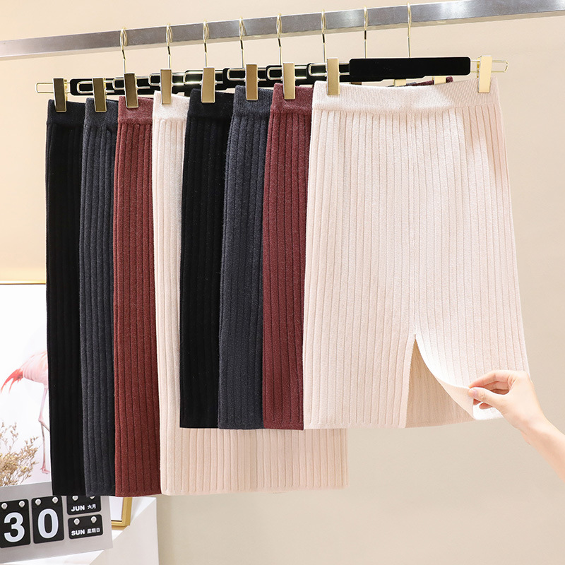 2026 Autumn Solid Color High-Waisted Bodycon Skirt Short Skirt with Back Slit Knitted Acetate Skirt for Women