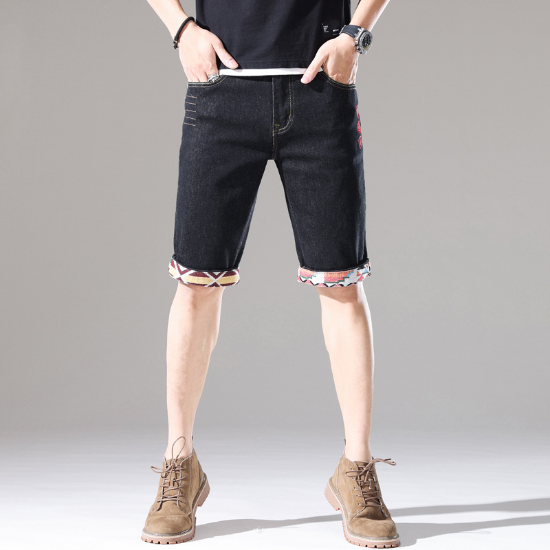 2023 Summer New Embroidered Ripped Men's Black Denim Shorts Korean Fashionable Mid-Waist Pants Men