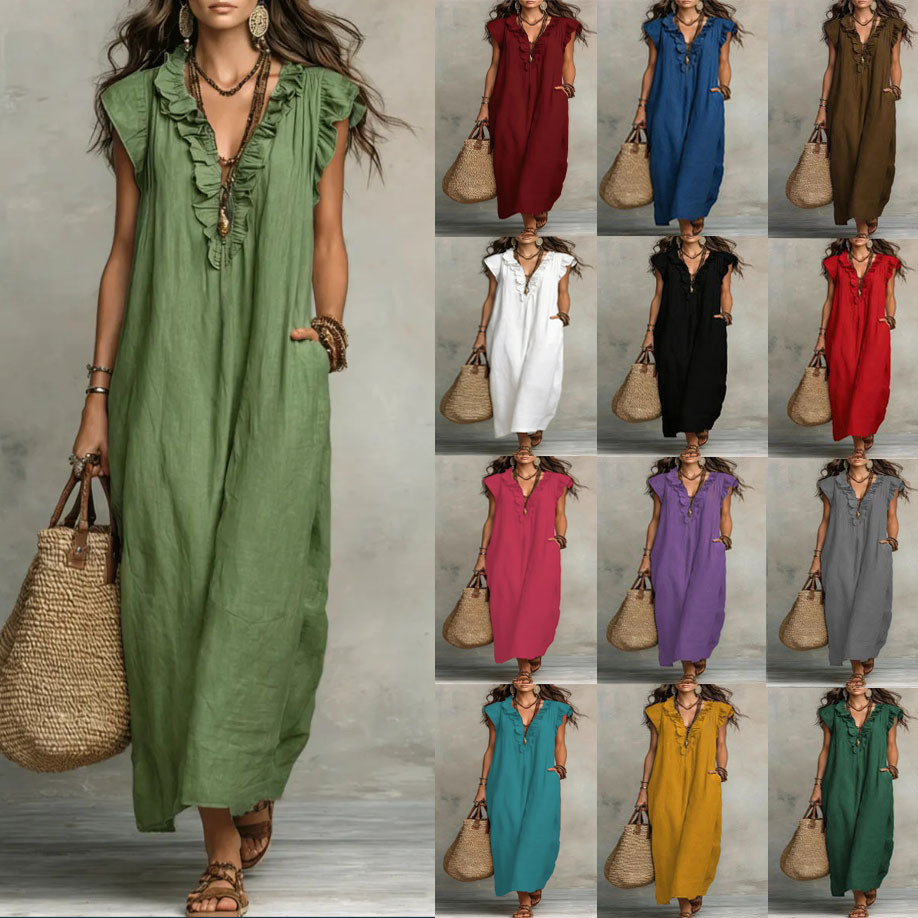 2026 Spring/Summer New European and American Cross-Border Independent Station Amazon Bohemian Style Ruffled Sleeve Long Dress
