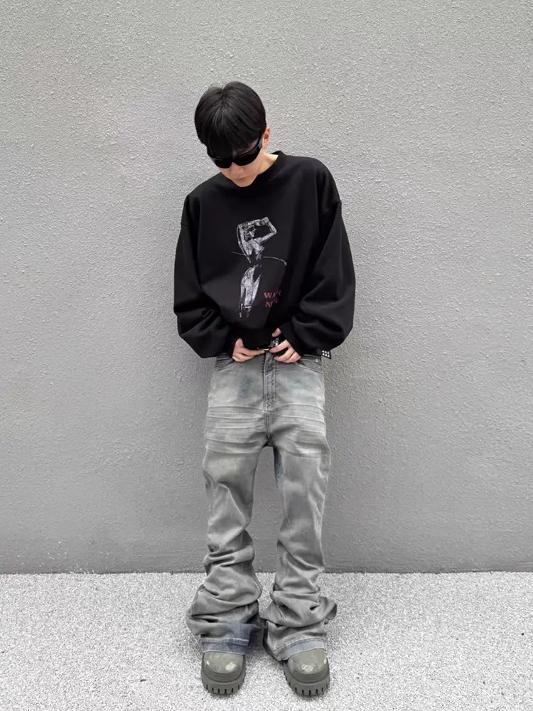 RO style do old sky blue washed flare wide-leg thin stacked dragged wrinkled cat whiskers jeans sub men's tide