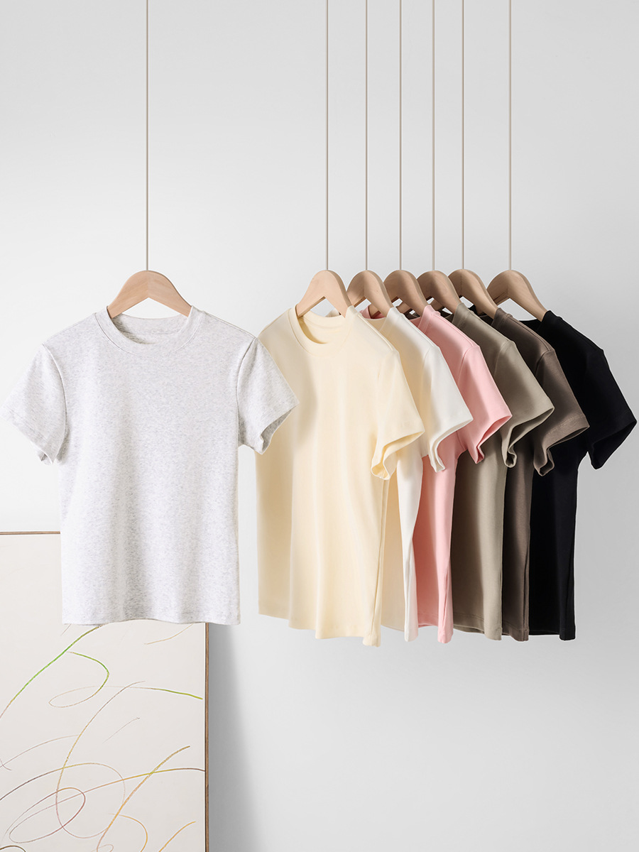 Women's Short-Sleeved Shoulder T-Shirt with French Crewneck 2025 Summer Short Stretch Slim-Fit Hot Girl Style Slimming Short Top for Women