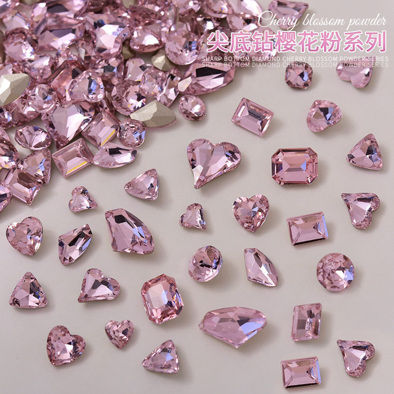 Pink Pointed-Bottom Irregular-Shaped Crystal Glass Diamonds for Nail Art, Trendy Crooked Heart Diamonds, Axe-Shaped Water Drop Nail Decorations