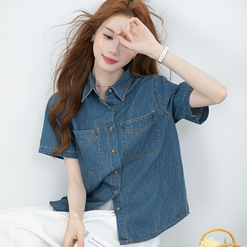 Blue Denim Shirt for Women 2026 Spring and Autumn Layered Design Niche Top Retro Hong Kong Style Loose Shirt Trendy