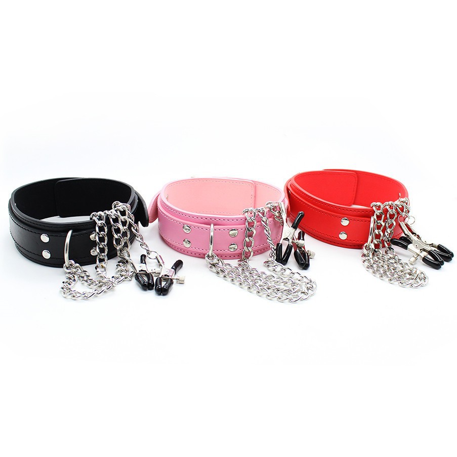 Sexy manufacturer PU iron chain breast clip neck cover couple flirting toys leather collar traction chain collar ring sex products