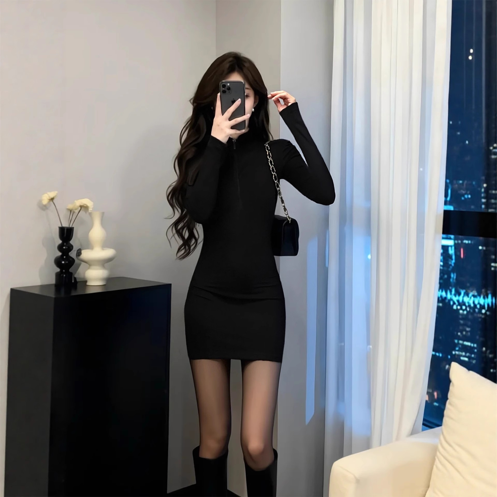 Black Tight-Fitting Little Black Dress for Women, 2026 New Winter Short Dress, Inner Wear with Coat, Mature Style Outfit, Knitted Bodycon Skirt