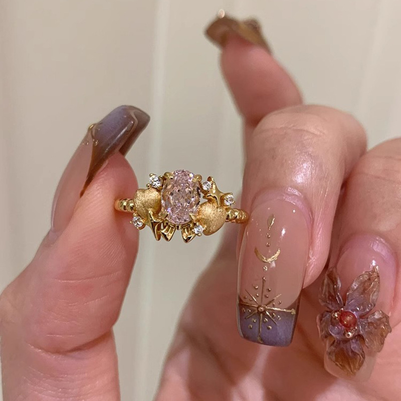 Pink Pigeon Egg Ring Women's Exquisite Light Luxury Retro Adjustable Ring Niche High-end Love Ring Trendy Opening Ring