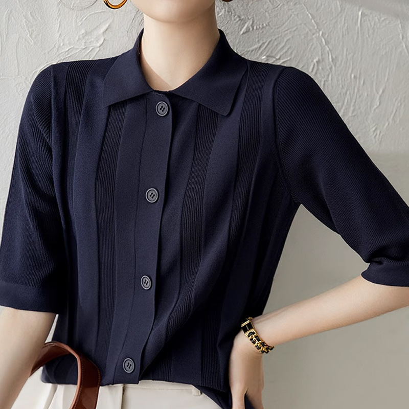 2025 New Summer Style High-End Textured Lapel Knitted Cardigan French Versatile Commuter Top Breathable Air-Conditioning Shirt