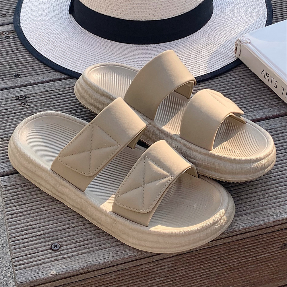 Summer Soft Thick-Soled Fashionable Double-Strap Simple Pure Color Sandals for Women Pvc Poop-Feeling Home Indoor Slippers