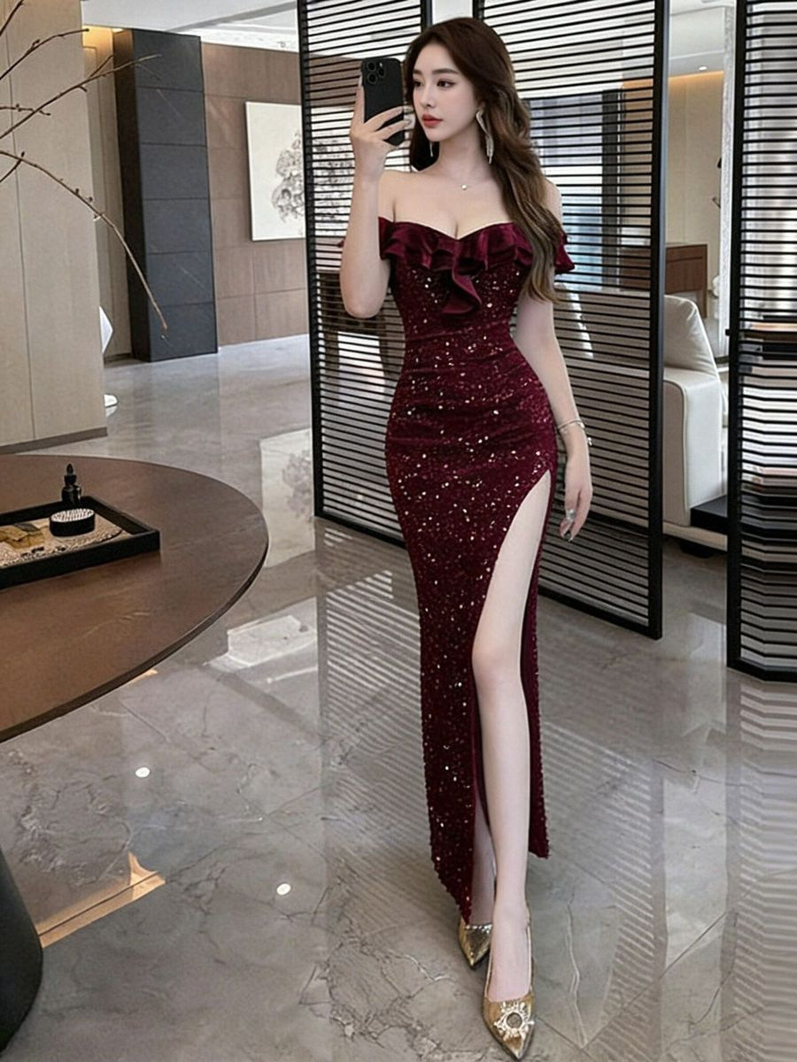 One-Shoulder Mini Dress with a High-End Feel, Pure and Alluring Style, Low-Cut Ruffles, Slim Fit, Bodycon Dress for Streamers