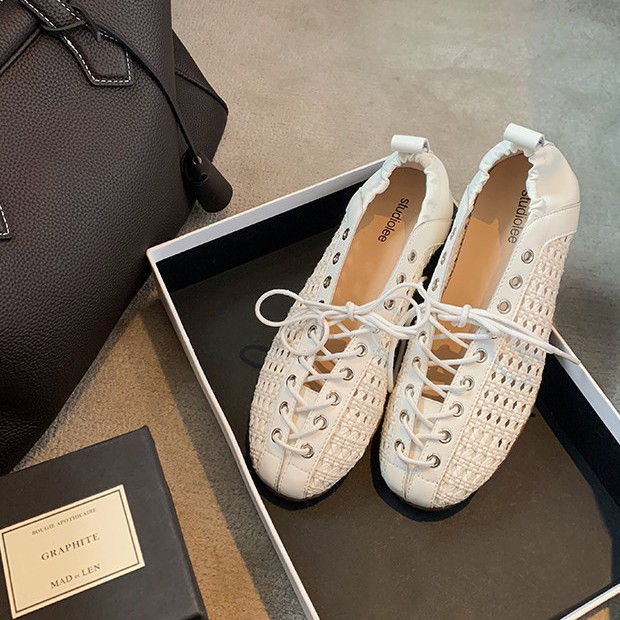 Sheepskin Version~Grape Ma Style French Lace-Up Woven Hollow-Out Single Shoes for Women, Elastic Genuine Leather Flat Ballet Shoes