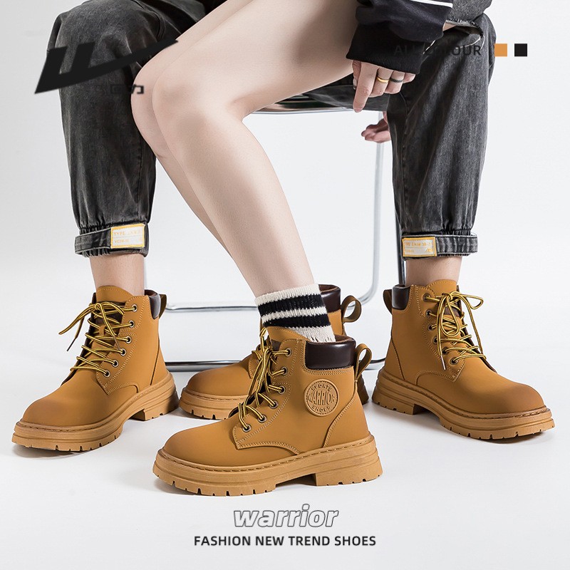 Pull-Back Pure Color Simple High-Top Martin Boots for Couples, Unisex Outdoor Casual Yellow Boots with Laces, Versatile Shoes for Men and Women