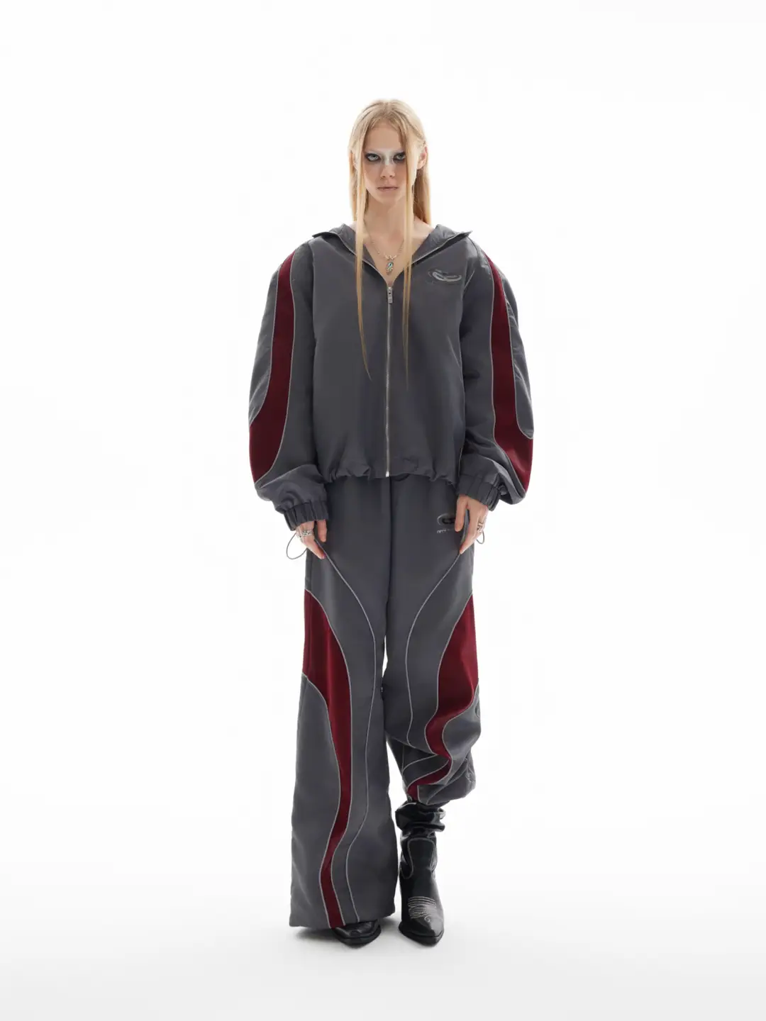 Argue Glossy Contrast Color Deconstruct Spliced ​​Hooded Jacket Outwear Reflective Strips Stylish Athleisure Suit