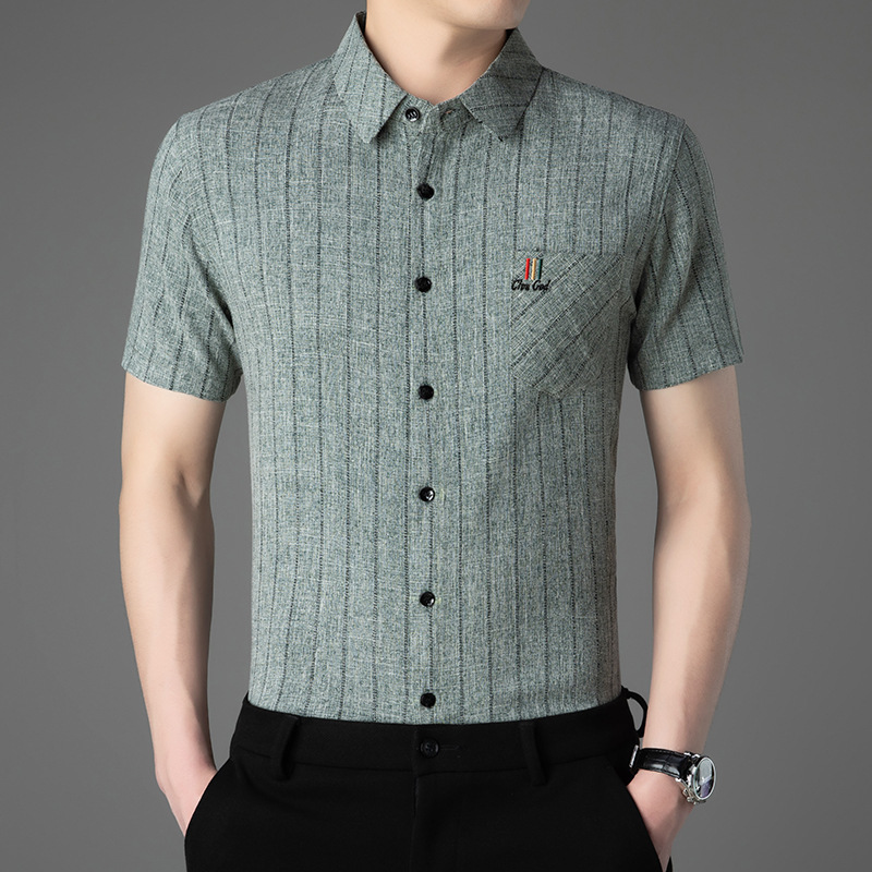 2025 New Summer Men's Ice Silk Imitation Linen Casual Short-Sleeved Shirt Breathable No-Iron Striped Short-Sleeved Shirt