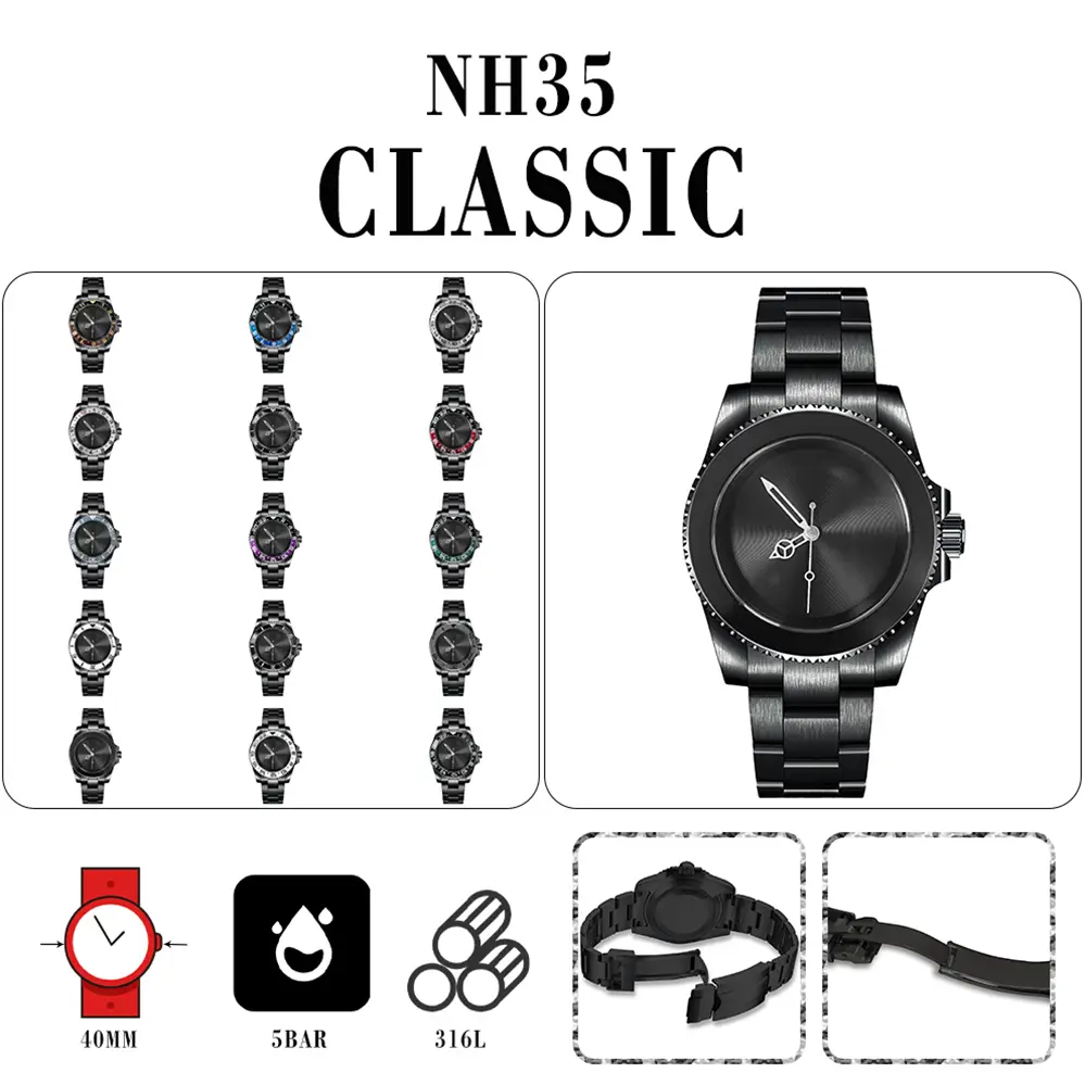 Mechanical Watch Pvd Black 40mm Stainless Steel Case Sapphire Glass 3D Printing Cd Pattern Dial Matching Nh35 Movement