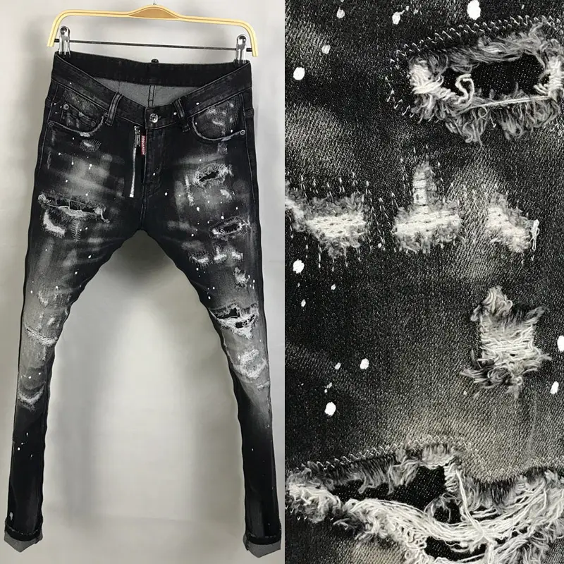 25 Four Seasons Jeans Men D2 Stretch Small Leg Slim Pants DSQ2 Zipper Hole Patch Spray Paint Splash Ink Wear White