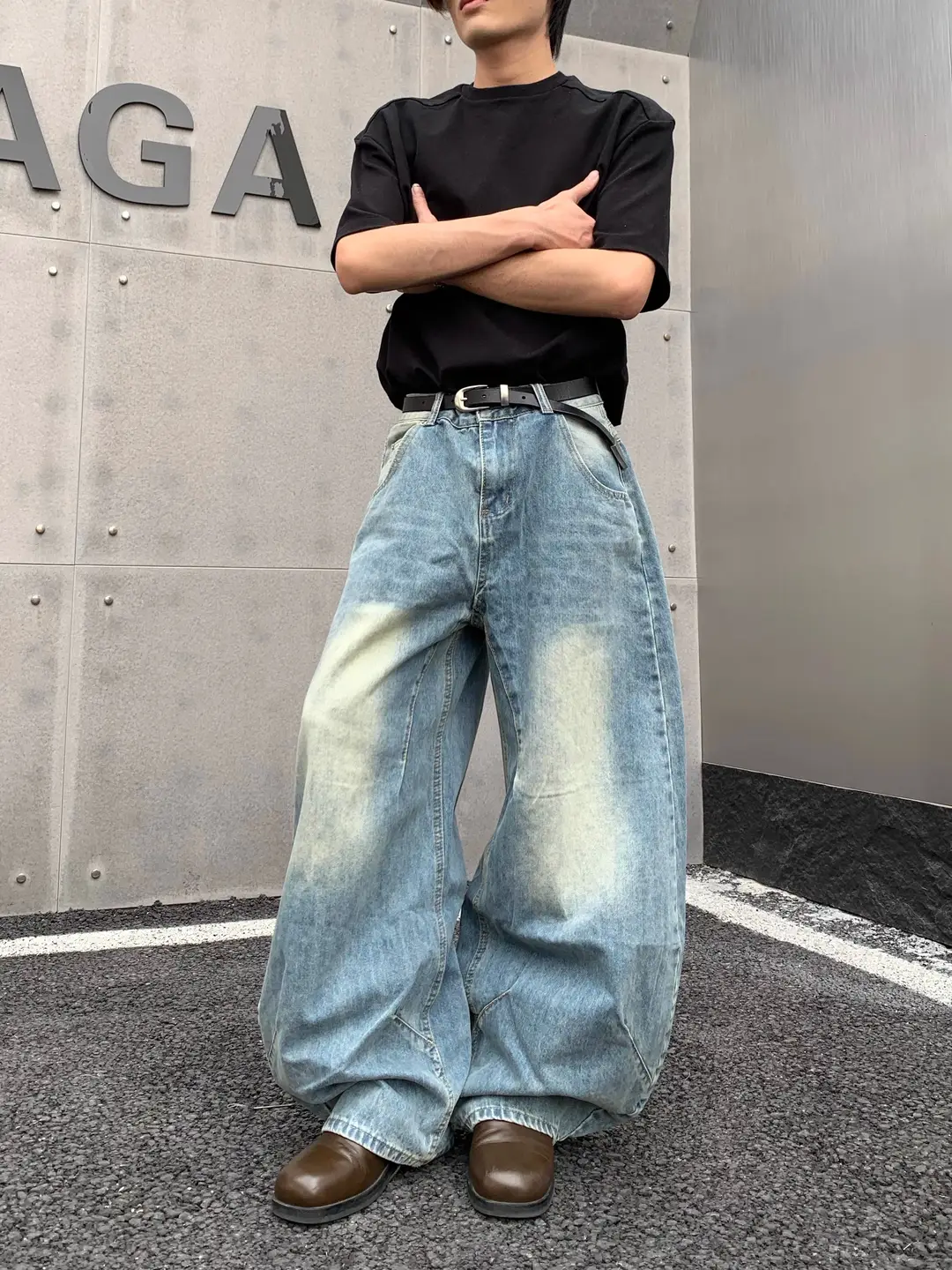 Uekk American Retro High Street Washed Distressed Jeans Loose Vintage Niche Scimitar Pants Wide-Leg Pants Men's Trendy