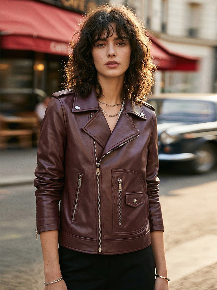 Spring and Autumn Burgundy Genuine Leather Motorcycle Jacket for Women, First-Layer Sheepskin Short Jacket, High-End Slim-Fit Outerwear, Haining