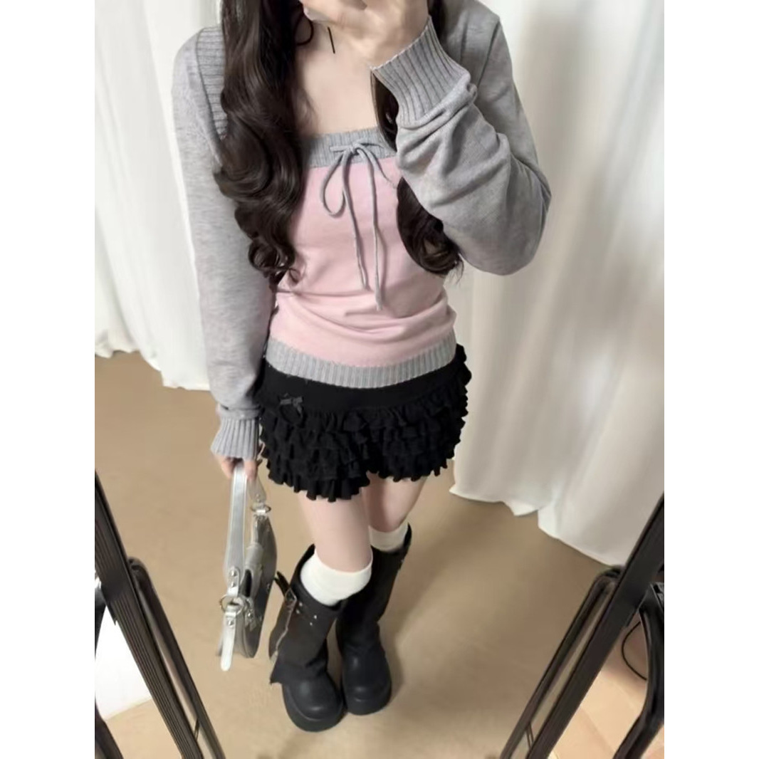 26~New Spring Soft Mist Gray Pink Tube Top with a High-End Feel, Color-Blocking Gentle Knit Sweater Two-Piece Set for Women