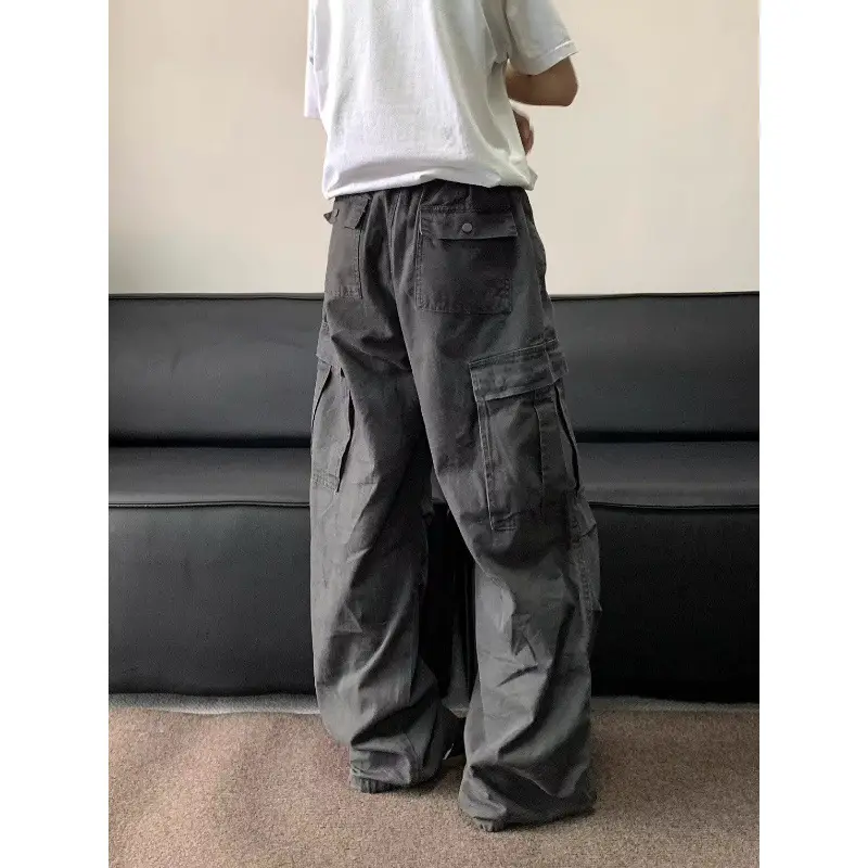 American retro multi-pocket washed work pants women street old drawstring pleated paratrooper pants loose wide-leg pants