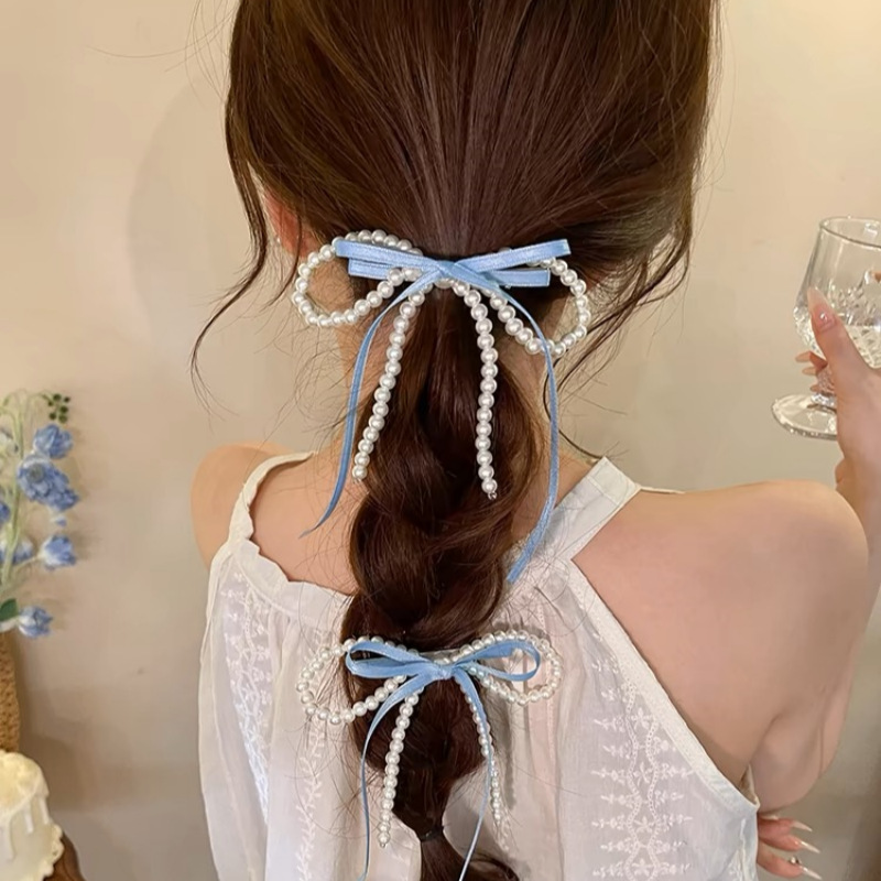 Exquisite Duckgold Pearl Bow Hairpin Girl's Back of Head 2024 New Style Elegant Half-Tie Hair Hairpin Duckbill Clip