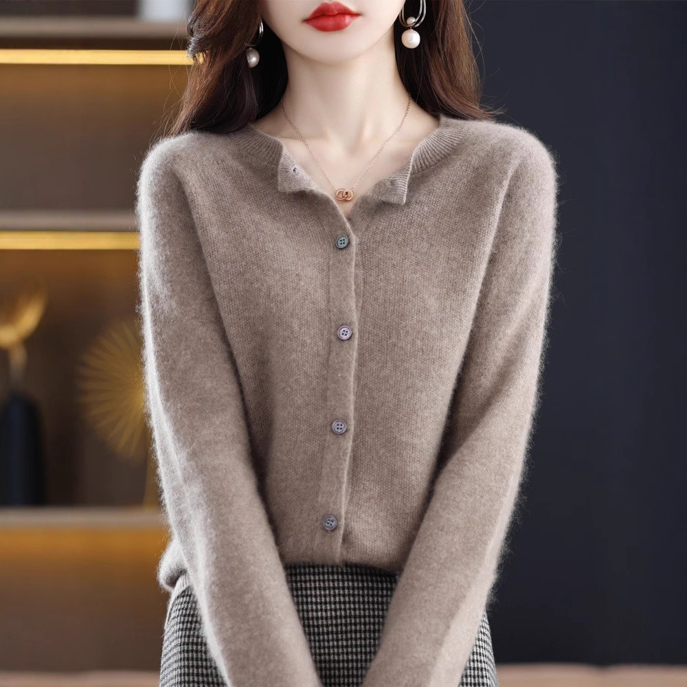 One-Line Readymade Wool Sweater Knitted Cardigan Women's Slim Sweater Coat Autumn and Winter Base Round Neck Long Sleeve Loose Top