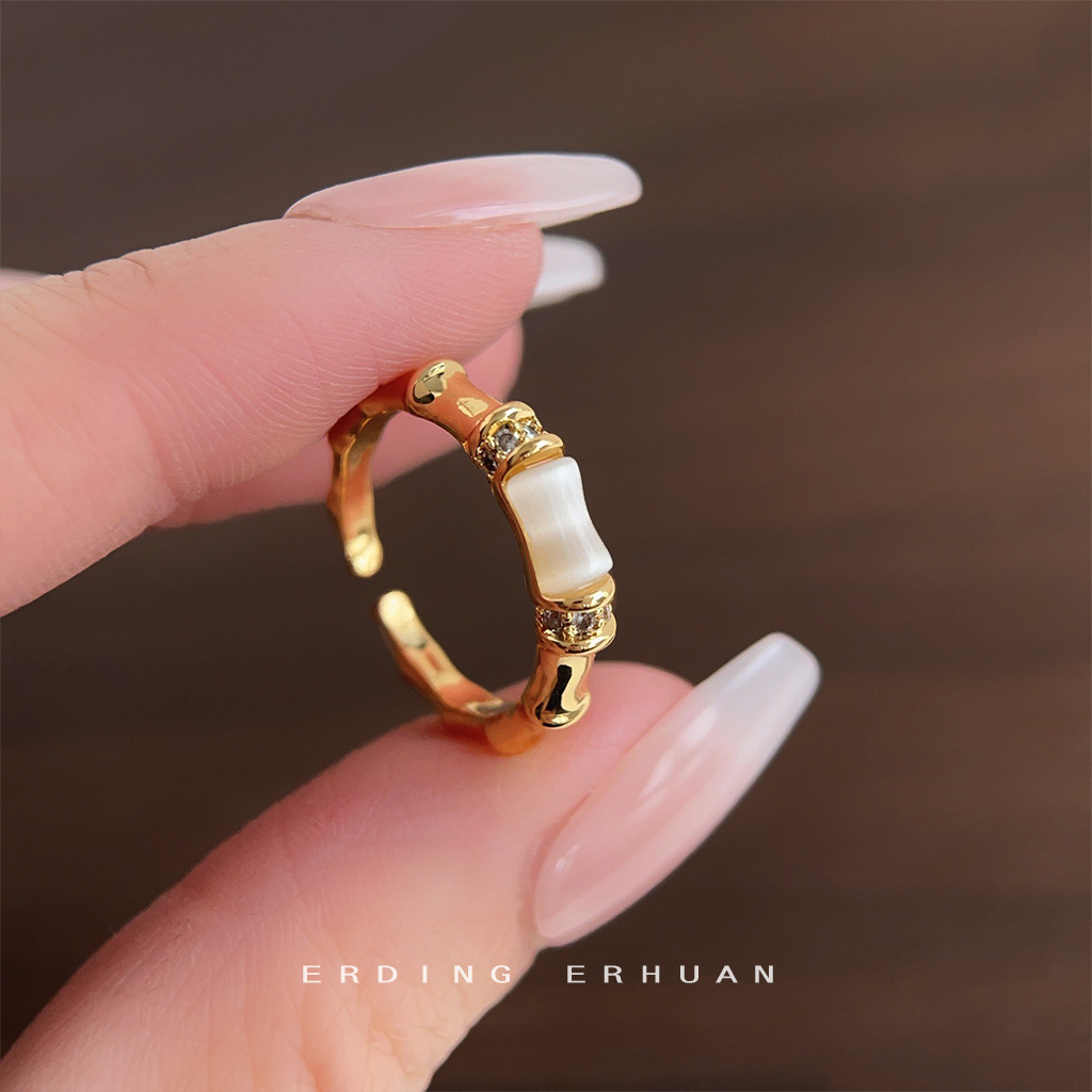 New Chinese Micro Zircon Bamboo Ring Electroplated 18K Opening Adjustable Ring Index Finger Ring Jewelry for Women
