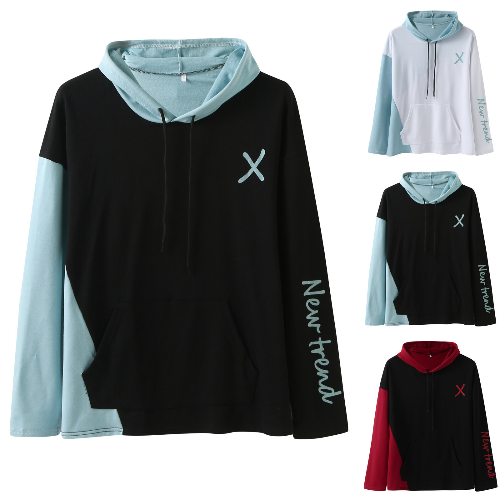 In-Stock 2026 Amazon Export Men's Hooded Sweatshirt with Letter Print, New Autumn and Winter Style, Japanese and Korean Color-Blocking Top