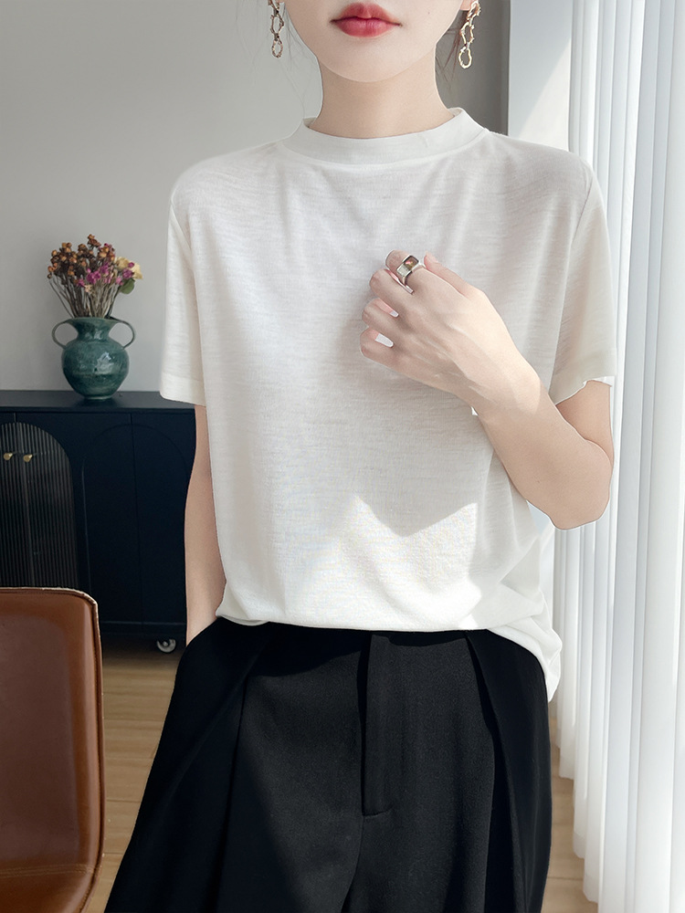 26 New Spring and Summer Half-High Collar Short-Sleeved T-Shirts for Women, Loose Slimming Bottoming Shirts, Half-Sleeved Simple Inner Tops Wholesale