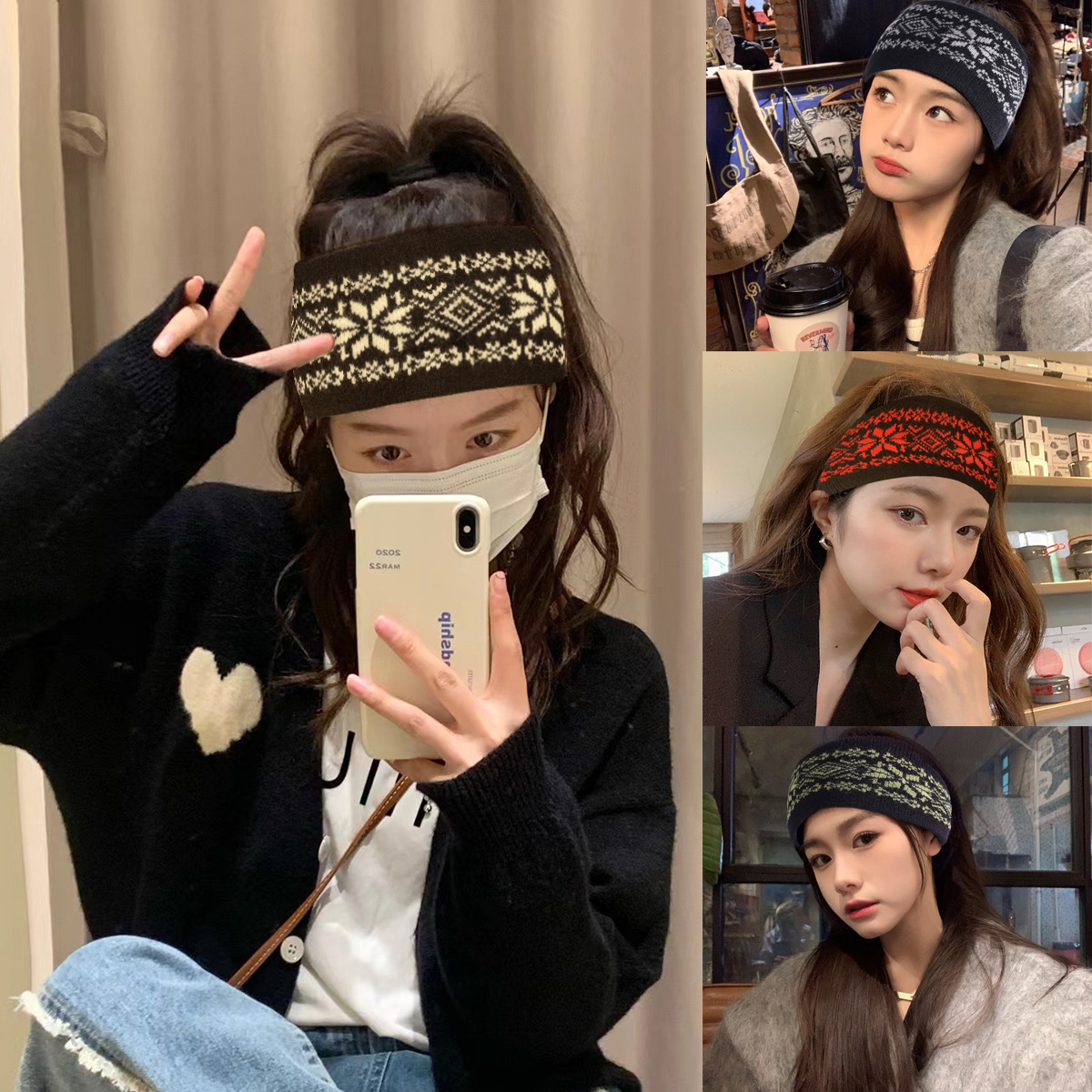Autumn and Winter Knitted Headband, Vintage Wide Jacquard Scarf, Color-Blocked Striped Windproof Hairband, Geometric Pattern Headband