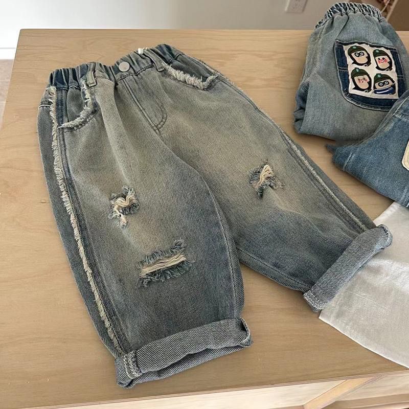 Spring and Autumn Men's and Women's Children's Wear Jeans Baby's Western Style Children's Personality Fashionable Korean Style Fashionable Rave Ripped Beggar Trousers