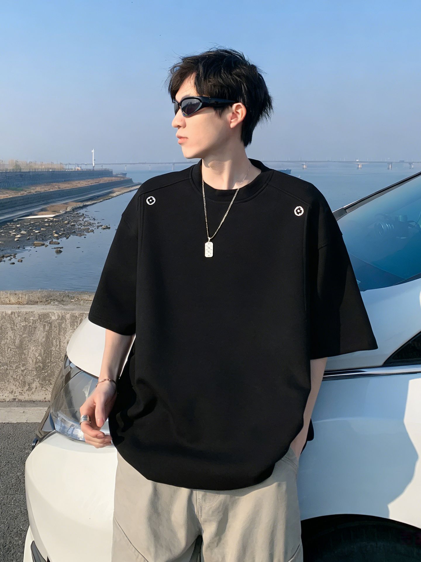 American-Style T-Shirt, Half-Sleeve Trendy Brand Fashion T-Shirt, Summer Men's Clothing, Student and Youth Heavy-Duty Deconstructed Embroidered Short-Sleeve