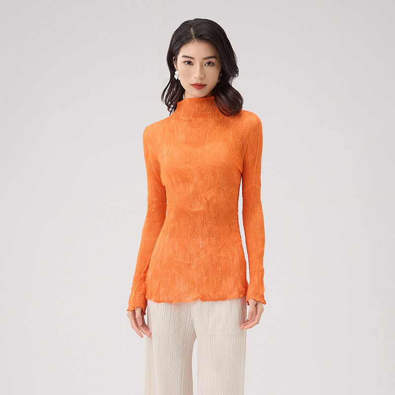 2025 Pleated Top Women's High-Bottom Tencel Transparent Bottoming Shirt Lace Super Elastic Slim Fit Age-Reducing Thin T-Shirt