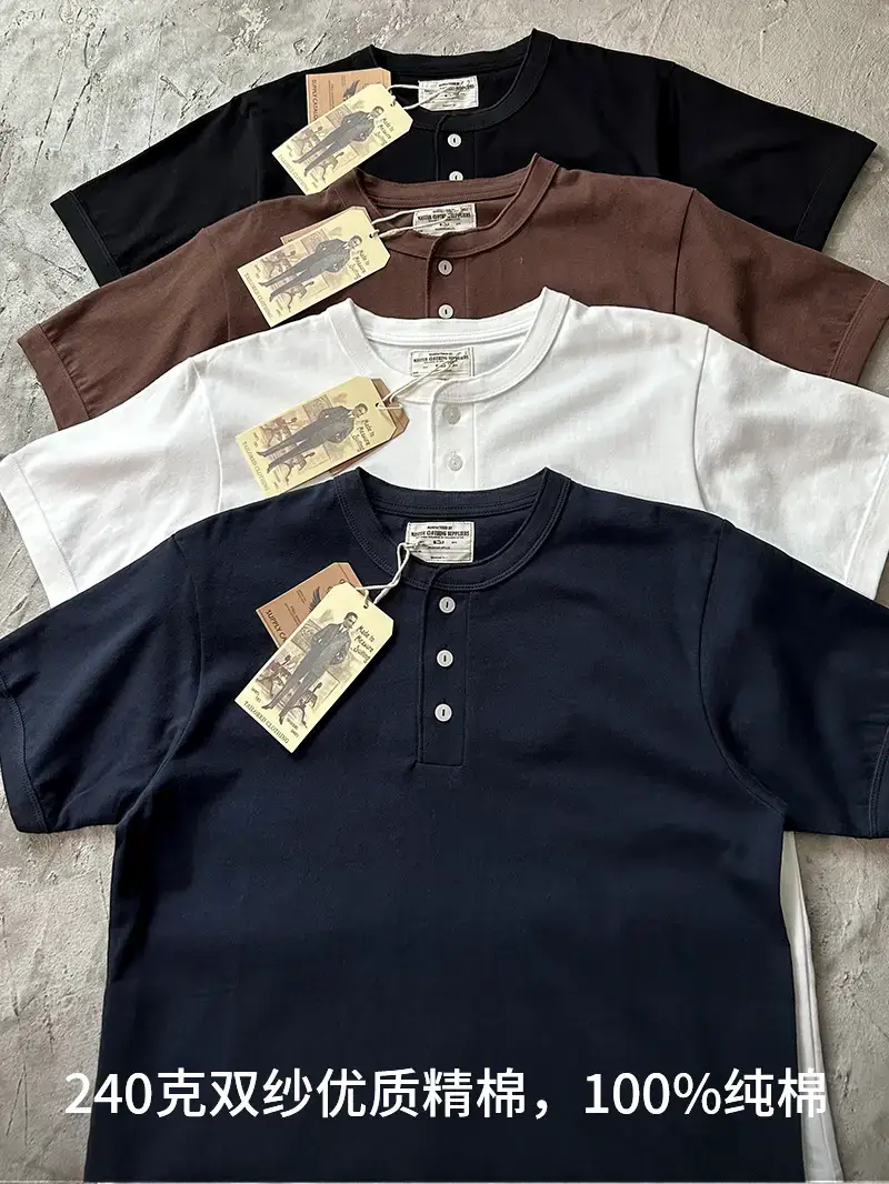 Vintage Heavy-Duty Xinjiang Pure Cotton Henley Collar Short-Sleeve T-Shirt, American-Style Crew Neck Small Collar White T-Shirt Base Layer