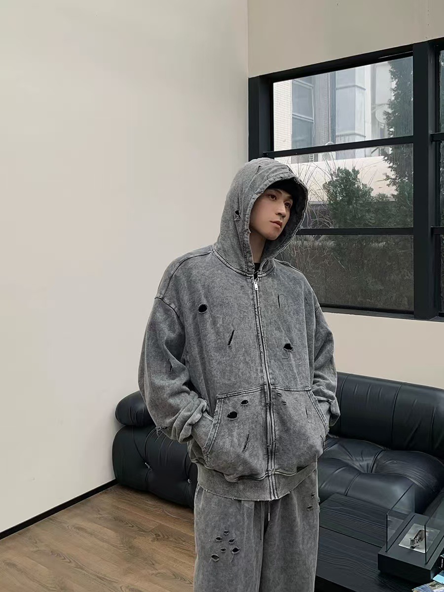 Foreign Trade Autumn and Winter Ripped Hooded Sweatshirt Men's Washed Heavy-weight Loose All-match Retro Couple's American Style Fashion Brand Top
