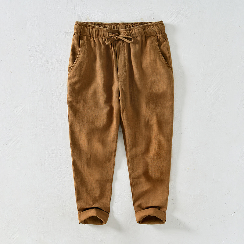 L8223 fresh drawstring elastic waist Ramie casual pants men's loose youth cotton long pants a generation of hair
