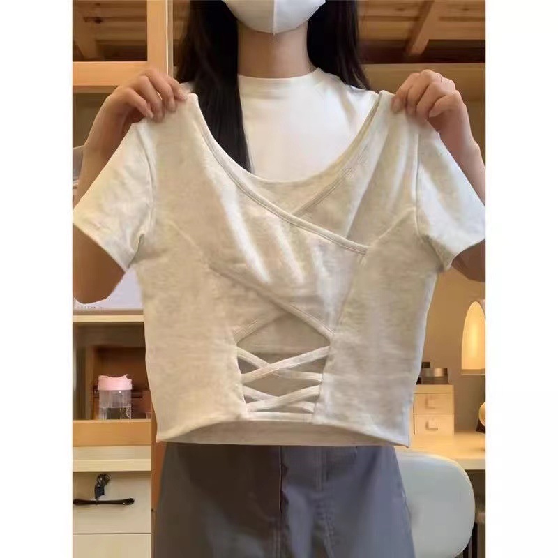 American Hot Girl short-sleeved T-shirt women's slim-fit slimming backless short navel-free underwear with chest pad pure Top