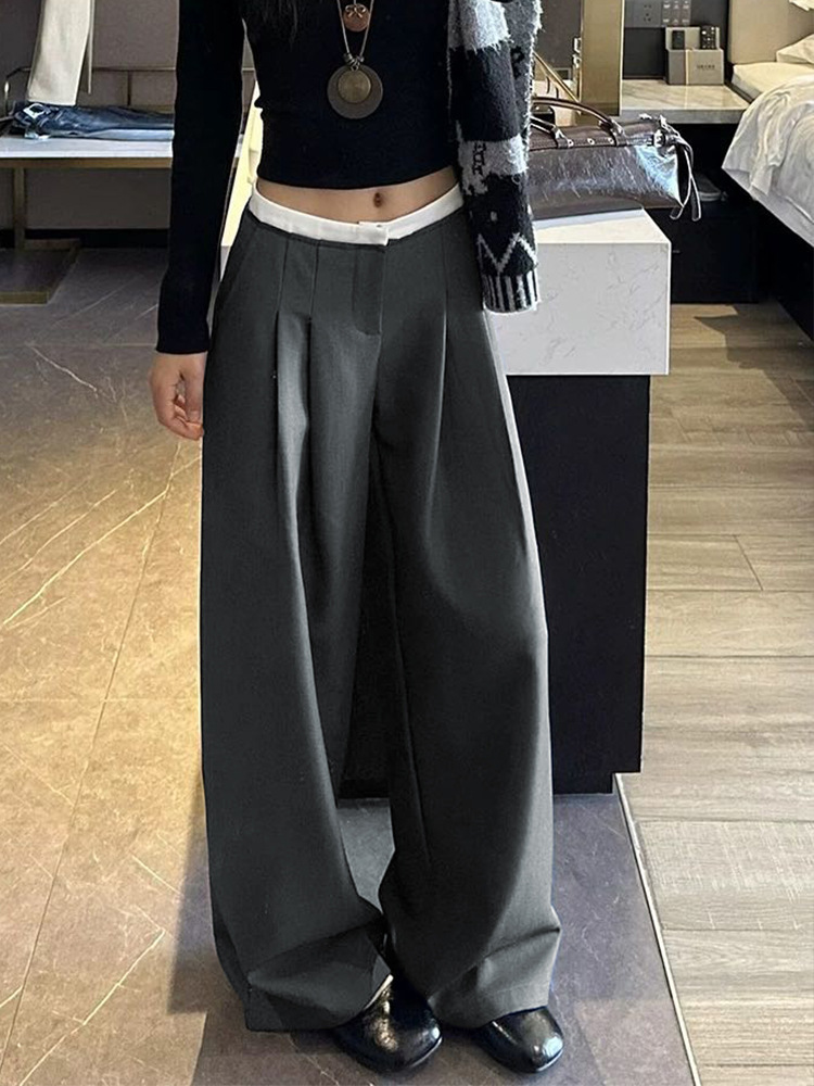Gray High-End Wide-Leg Pants for Women with White Waistband, Loose Fit, Slimming, Floor-Length, Casual Old Money Style Suit Pants ​ ​