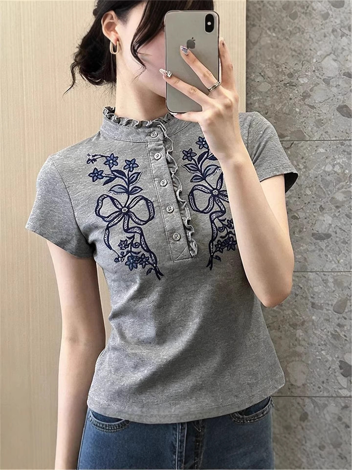 National Style Gray Pure Cotton Stand Collar Short-Sleeve T-Shirt for Women, Summer Design, Slim Fit, Vintage Embroidered Top