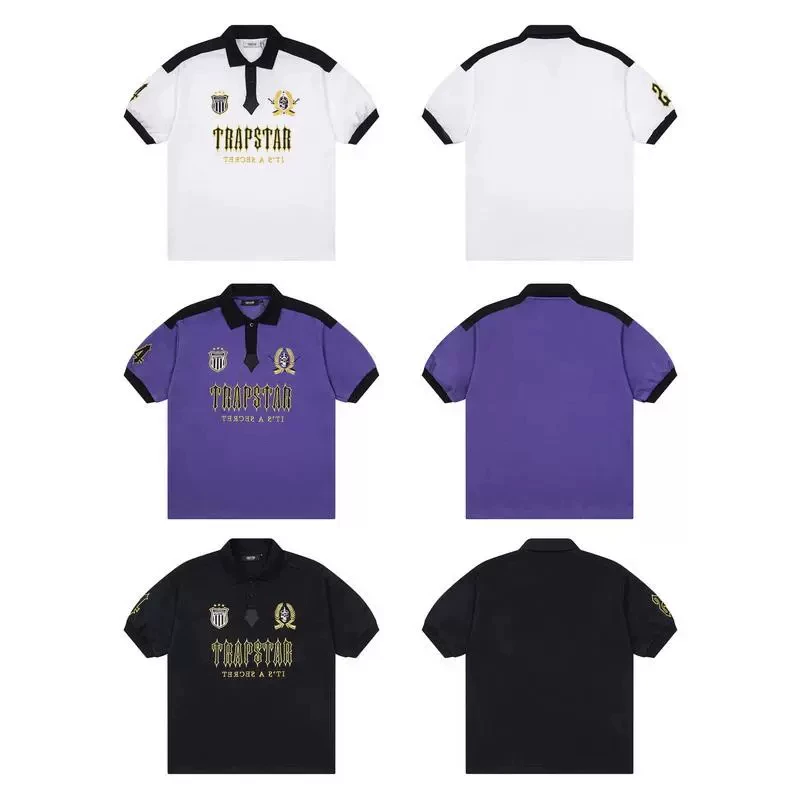 American retro short sleeved polo shirt embroidered with letter logo, men's and women's color blocked casual top