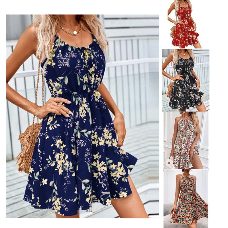 2026 European and American Amazon Summer New Elegant Sleeveless Dress with Printed Elastic Waist and Spaghetti Straps for Women
