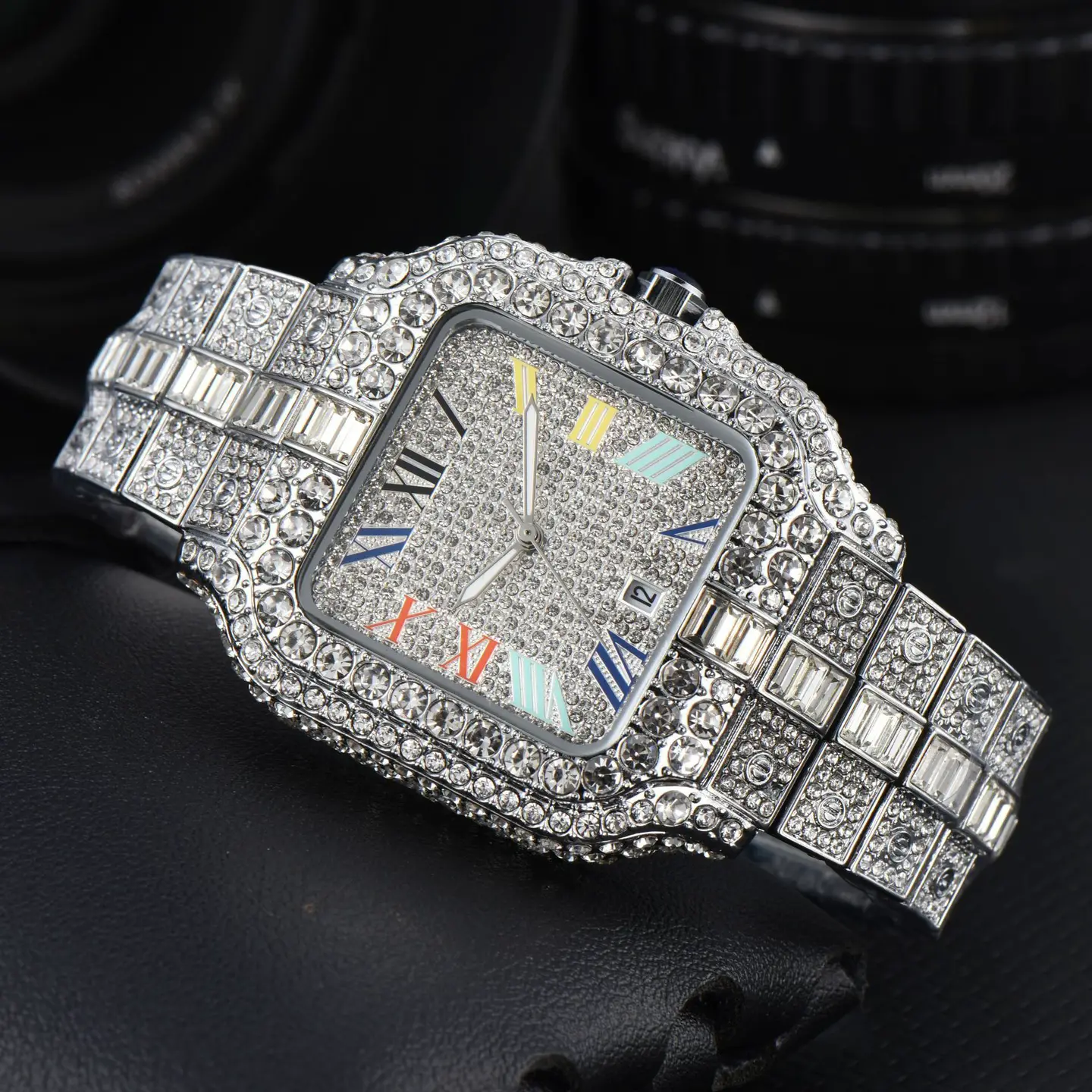 2024 New Men's Watch Square Fashion Trend All Diamond Watch Three pointer Quartz Watch Manufacturer Wholesale