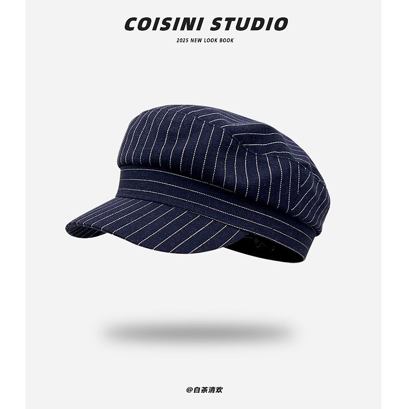 Japanese Artistic Striped Cotton and Linen Octagonal Cap Children's Spring and Summer Casual All-match Retro Painter Cap Newsboy Cap Shown Face Small