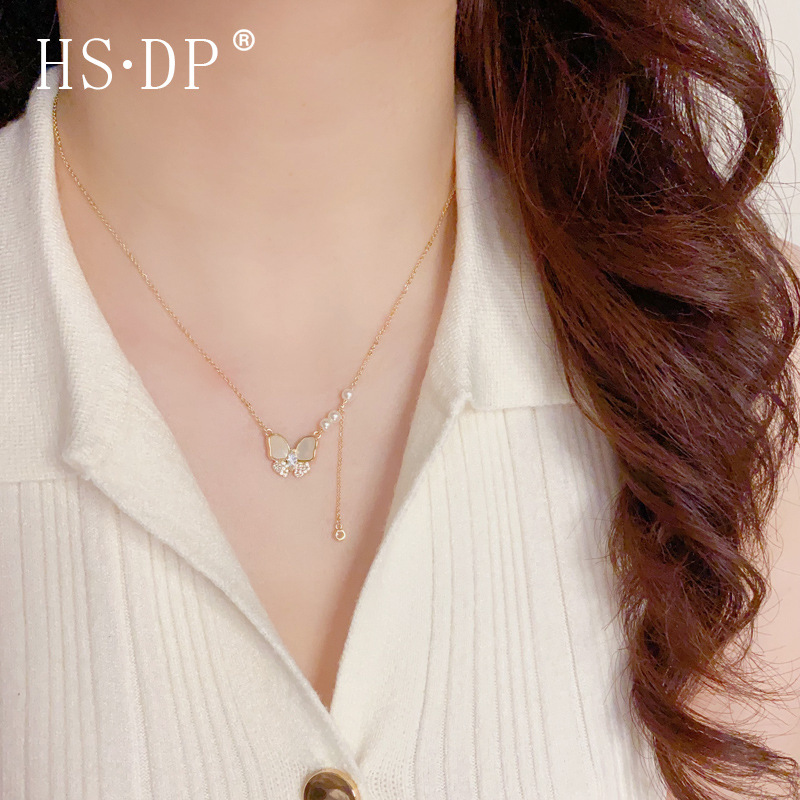 Fresh and Elegant Fashion Diamond-Studded Butterfly Tassel Necklace Niche Light Luxury Sweet Versatile Design Choker Wholesale