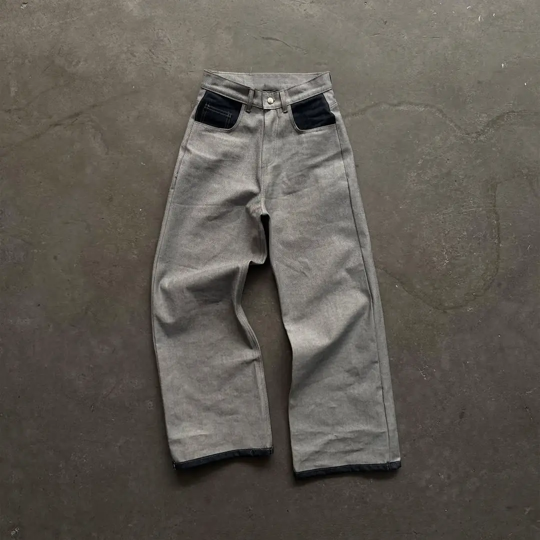 American Cross-Border Retro Washed Distressed Autumn and Winter Blue-Gray Street Gothic Style Pure Color Cleanfit Jeans