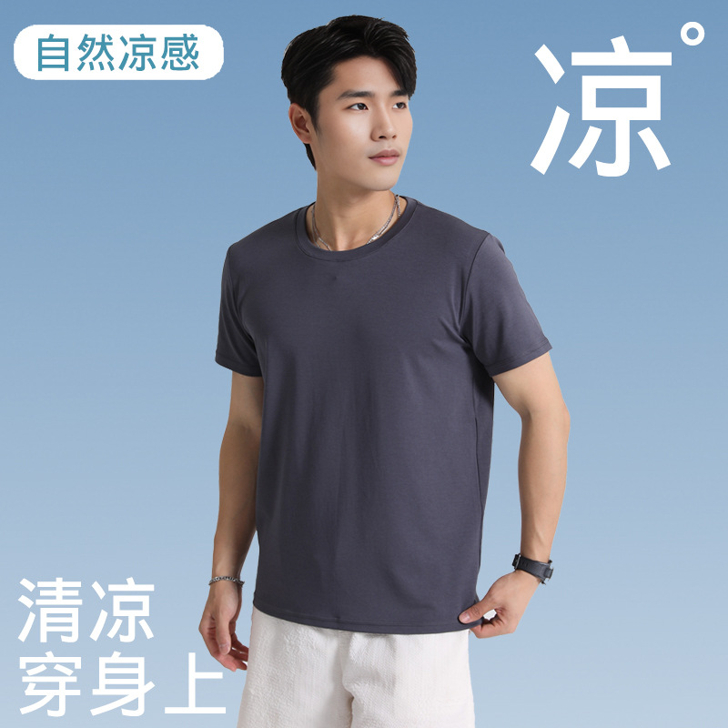 80-Count Silk Modal Short-Sleeved T-Shirt Men's Slim-Fitting Bottoming Shirt Summer Round Neck Pure Color Top Spring & Fall Half-Sleeved