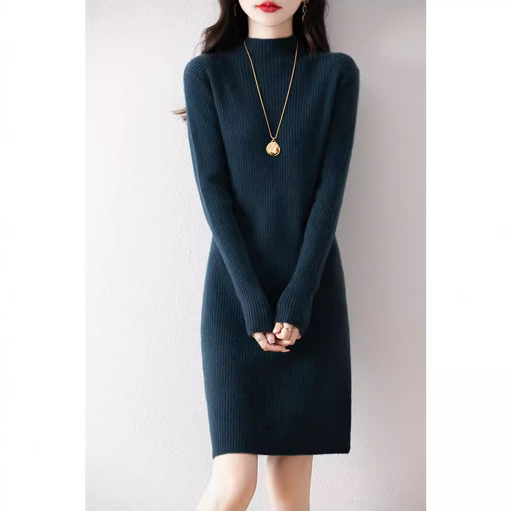 Mock-neck Wool dress Mid-length Loose Thickened Sweater Autumn and Winter New Cashmere Knitted Skirt